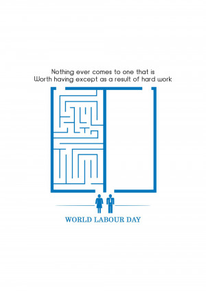 Illustration of a maze with two figures at the entrance, symbolizing the effort required to achieve success, with text celebrating World Labour Day.
