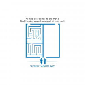 Illustration of a maze with two figures at the entrance and text celebrating World Labour Day.