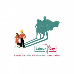 Illustration depicting workers and a superhero shadow for Labour Day