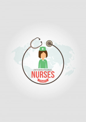 Illustration of a stethoscope forming a circle around a nurse icon with the text 'International Nurses Day'