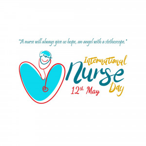 Illustration for International Nurse Day featuring a heart and stethoscope with text.