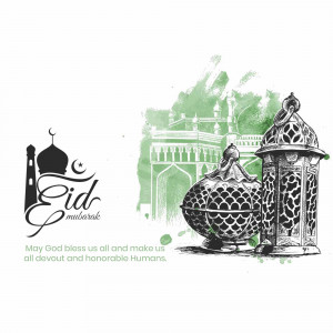 Eid Mubarak greeting with lantern and mosque illustration