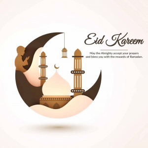 Eid Kareem illustration with crescent moon, mosque, and prayer
