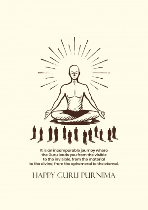 Illustration of a meditating figure with silhouettes and text wishing Happy Guru Purnima.