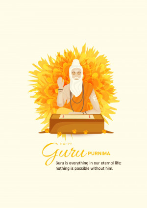 Illustration of a Guru meditating with a golden aura and text 'Happy Guru Purnima'