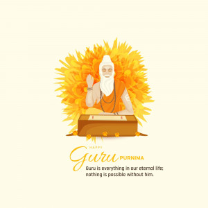 Illustration of a Guru meditating with a floral background and text 'Happy Guru Purnima'