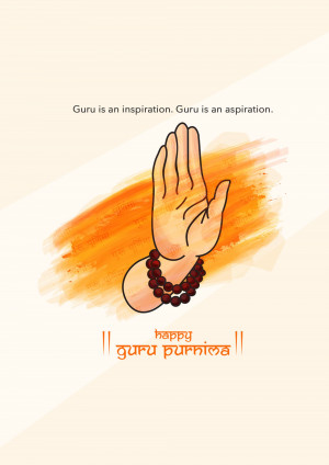 Illustration of a hand with mala beads and orange brushstrokes for Guru Purnima