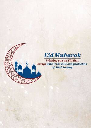 Eid Mubarak greeting with crescent moon and mosque silhouette