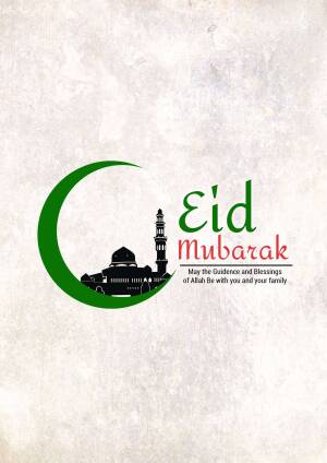 Eid Mubarak greeting card with crescent moon, mosque, and text
