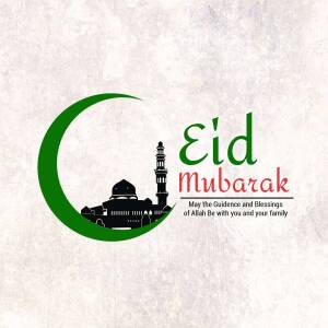 Eid Mubarak greeting with crescent moon, mosque silhouette, and text