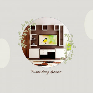 A modern living room interior with a dark wood TV unit and a small bird perched on the TV screen.