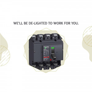 Image of a Schneider Electric circuit breaker with a light yellow geometric background and text 'We'll be de-lighted to work for you.'