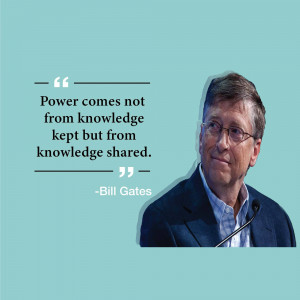 Portrait of Bill Gates with a quote about power and knowledge