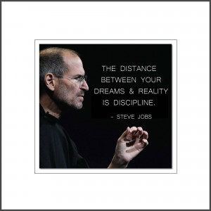 Portrait of Steve Jobs with a motivational quote about discipline.