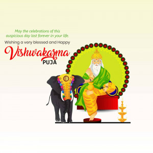 Illustration of Lord Vishwakarma with an elephant, wishing a blessed Vishwakarma Puja.