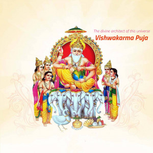 Image of Lord Vishwakarma, the divine architect of the universe, seated on a throne with attendants.
