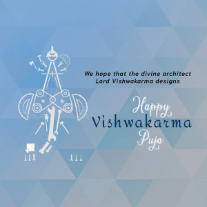 Vishwakarma Puja greeting with tools and divine architect text