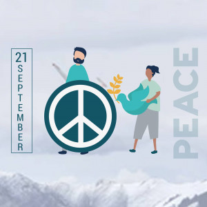 Illustration of people holding peace symbols for International Day of Peace