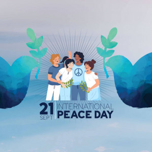 Illustration of diverse people celebrating International Peace Day with peace symbols.
