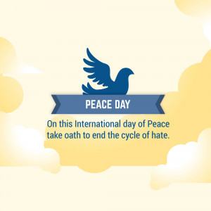 A blue dove silhouette against a yellow and white cloudy background with the text 'Peace Day'