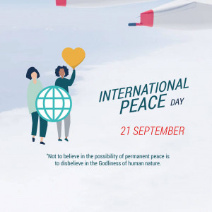 Illustration depicting people holding a globe and a heart with the text 'International Peace Day'