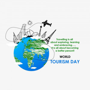 Illustration of the Earth with landmarks and a plane, celebrating World Tourism Day.