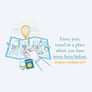 Illustration of a hand pointing at a map with landmarks and a hot air balloon, celebrating World Tourism Day.