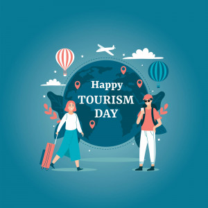 Illustration of a couple with luggage and a globe with travel icons for Happy Tourism Day.