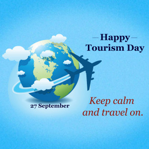 Illustration of a globe with an airplane flying around it, celebrating Tourism Day.