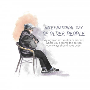 Watercolor illustration of an elderly man sitting on a chair with text celebrating International Day of Older People.