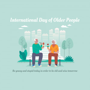 Illustration of an elderly couple enjoying ice cream on a park bench with a city skyline in the background.