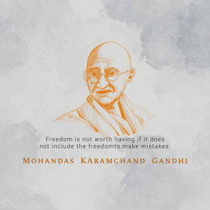 Portrait of Mahatma Gandhi with a quote about freedom and mistakes