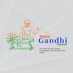 Illustration of Mahatma Gandhi with a spinning wheel and text 'Happy Gandhi Jayanti'