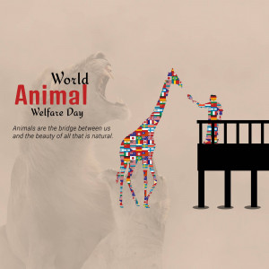 Illustration depicting a giraffe formed by world flags, symbolizing the connection between animals and humanity.