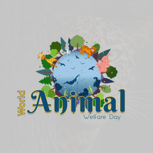 Illustration of a globe surrounded by various animals with the text 'World Animal' and 'Welfare Day'.