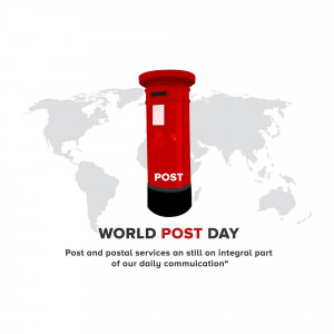 Red British post box with a world map background and 'World Post Day' text.