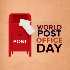 Illustration of a red mailbox with envelopes and the text 'World Post Office Day'