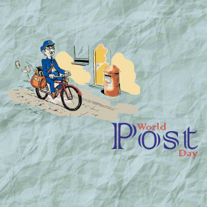 Illustration of a postman riding a bicycle with a mailbag, celebrating World Post Day.