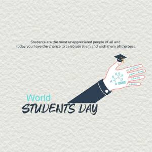 Illustration of a hand holding a graduation cap with chemical formulas, celebrating World Students Day.