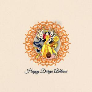 Illustration of Goddess Durga with a decorative mandala and text 'Happy Durga Ashtami'