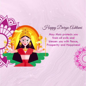 Illustration of Goddess Durga with a festive background and text 'Happy Durga Ashtami'