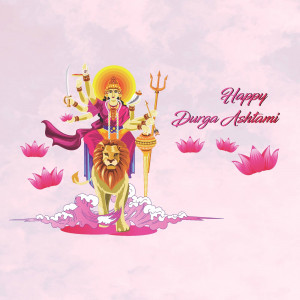 Illustration of Goddess Durga on a lion with lotus flowers, celebrating Durga Ashtami