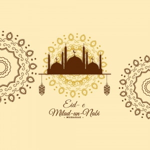 Eid Milad-un-Nabi Mubarak illustration with mosque silhouette and decorative elements
