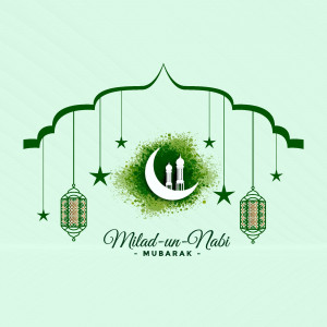 Milad-un-Nabi Mubarak Islamic celebration design with crescent moon and mosque