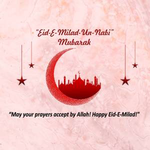 Eid-E-Milad-Un-Nabi Mubarak greeting card with crescent moon and mosque silhouette