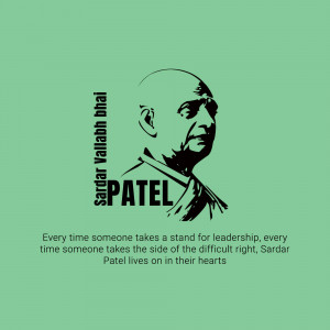 Black and white portrait of Sardar Vallabhbhai Patel against a light green background.