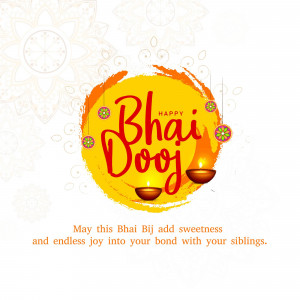 Bhai Dooj greeting with a yellow circular design and traditional oil lamps.