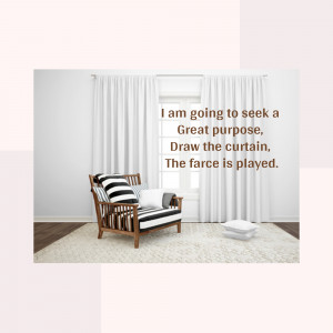 A comfortable armchair next to a window with white curtains and a rug, featuring a quote about seeking purpose.