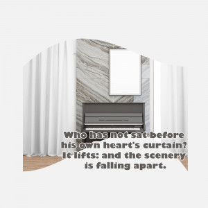 Modern fireplace with white curtains and a quote about heartbreak