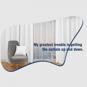 Image of a room with a chair, pillow, and white curtains with text overlay.